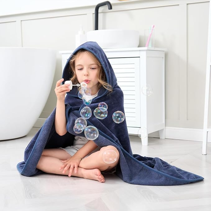 Hiturbo Kids Hooded Bath Towel: 100% Cotton Soft Thick Absorbent Towels Wrap - 50"x30" Shower Beach Pool Wearable Blanket for 3-12 Yrs Boys Girls - Navy
