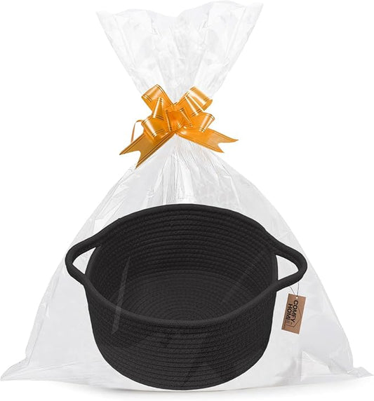COMFY HOMI Small Woven Gift Baskets with Handles, Gift Bags and Ribbons - Cotton Rope Storage Basket for Organizing, Dog Toy Basket Box, Gift Baskets Empty, Mother’s Day-φ11X5 Inch（all black）