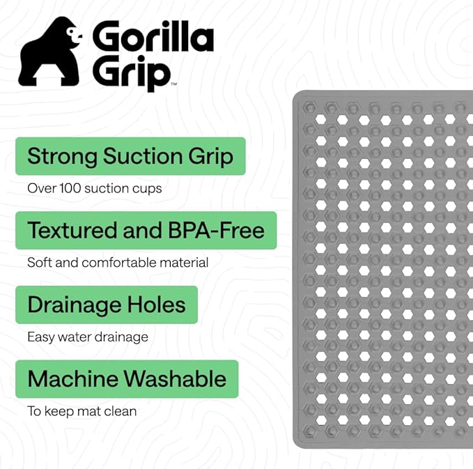 GORILLA GRIP Patented Square Shower Stall Mat, Small Bathtub Floor Mats for Stand Up Showers, Suction Cups and Drainage Holes, Machine Wash, Soft on Feet, Bathroom Accessories 21x21 Inch, Gray Opaque