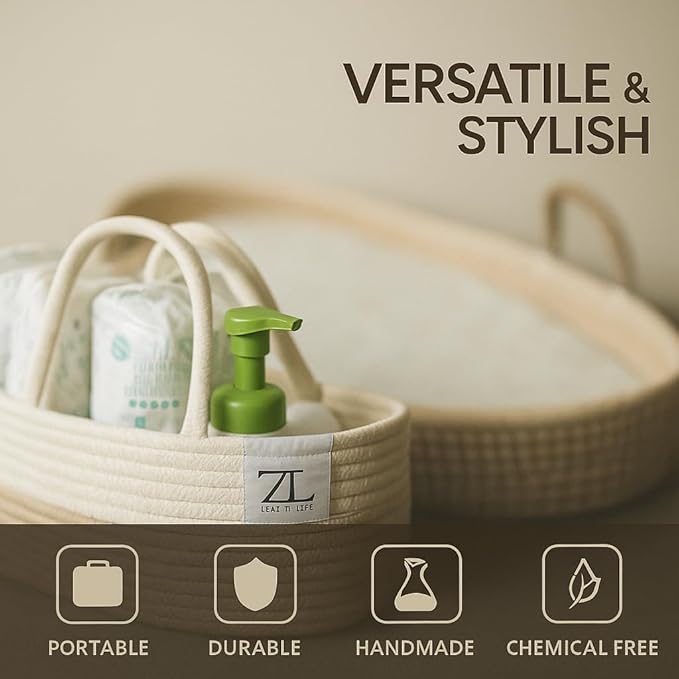 Seagrass Moses Basket by ZEAL'N LIFE, Moses Baskets for Newborn, Baby Changing Basket with Baby Towel, Washable Waterproof Pad Covers & Diaper Caddy, Changing Basket Baby (31 Inch)