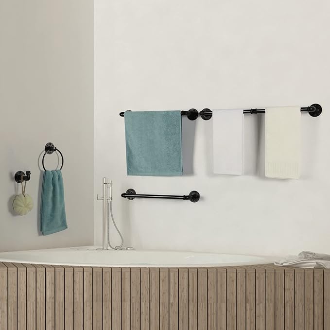 13-Pieces Towel Bar Set Black Bathroom Hardware Set Industrial Pipe Bath Towel Rack Accessories Kit Wall Hand Towel Bar, Toilet Paper Holder, Towel Ring, Robe Towel Hooks, Kitchen Tissue Paper Hanger