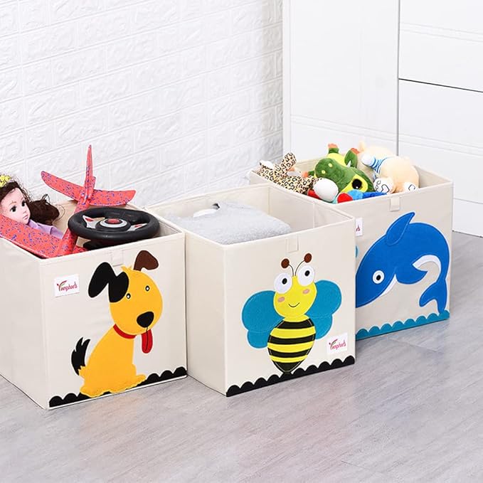 2 Pcs Foldable Animal Toy Storage Box/Bin/Cube, Collapsible Storage Organizer Chest Basket Container for Kids, Toddlers, Boys and Girls(13 x 13 x 13 Inch, Lion & Bee)