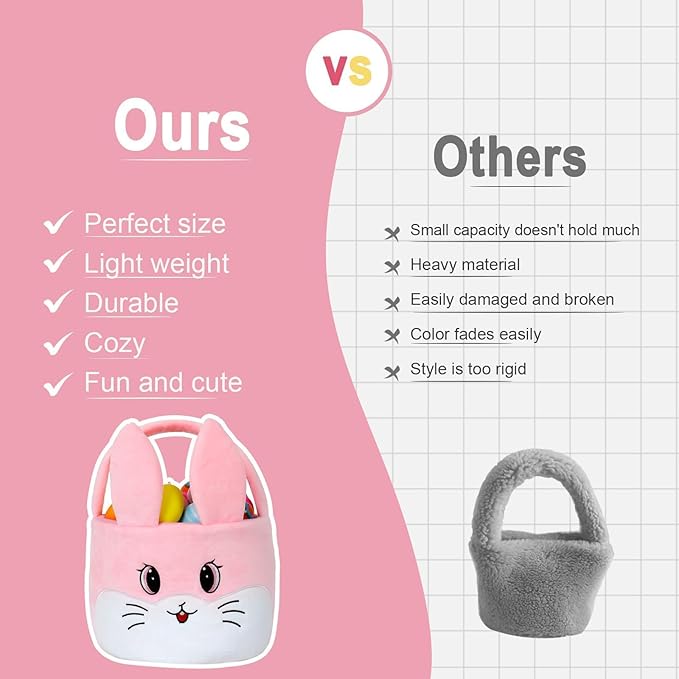Easter Egg Baskets for Kids Bunny Basket with Folded Ears Easter Bag Buckets Hunting Gifts for Boys and Girls