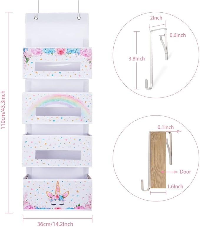 WERNNSAI Unicorn Over Door Hanging Organizer - Behind Door Hanging Storage with 4 Clear Window Pockets for Baby Girls Room Organization Gifts Toy Diaper Pantry Closet Bedroom Bathroom Nursery Decor