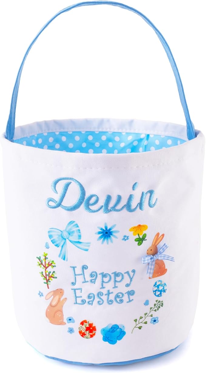MT WORLD Toddler Easter Basket Personalized Easter Egg Bucket for Kids with Embroidered Name Blue Bunny Bucket Custom Candy Tote Bag for Baby Girls Candy Gifts Bucket