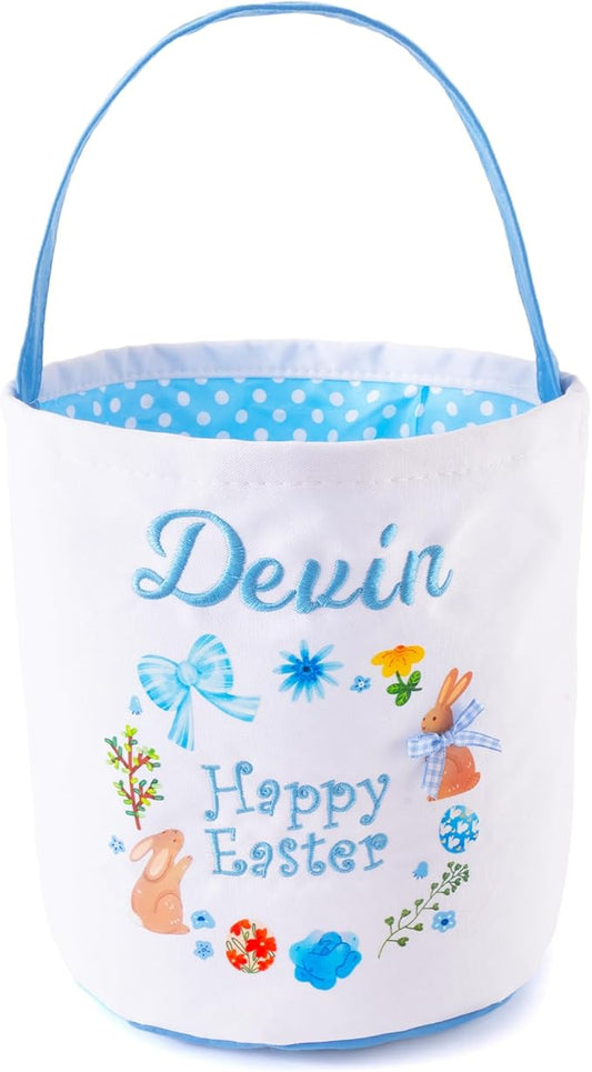 MT WORLD Toddler Easter Basket Personalized Easter Egg Bucket for Kids with Embroidered Name Blue Bunny Bucket Custom Candy Tote Bag for Baby Girls Candy Gifts Bucket