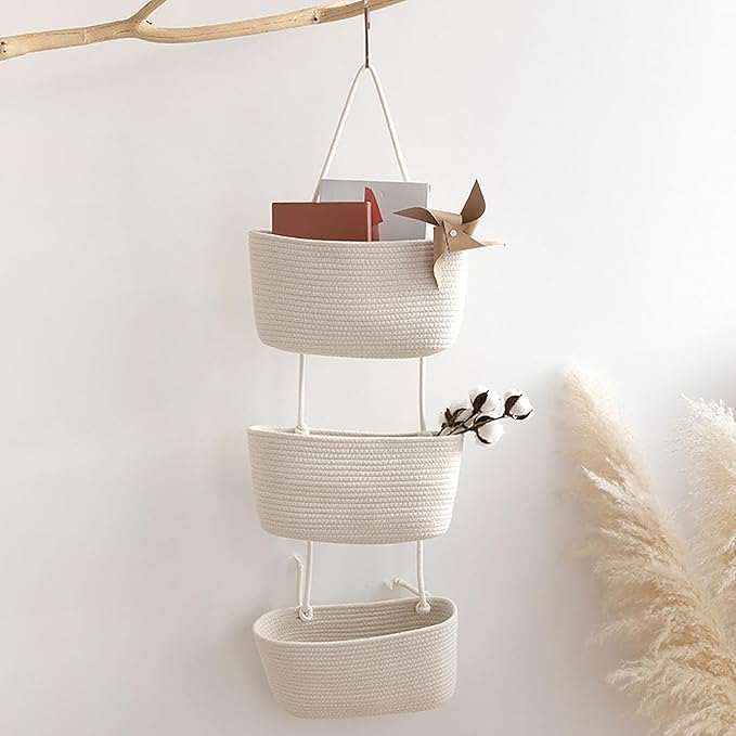 YYaaloa White Woven Cotton Hanging Baskets for Organizing Decor 3-Tier Over the Door Wall-Mounted Storage Bag Nursery Baskets for Organizing Living Room, Bathroom and Bedroom (White)