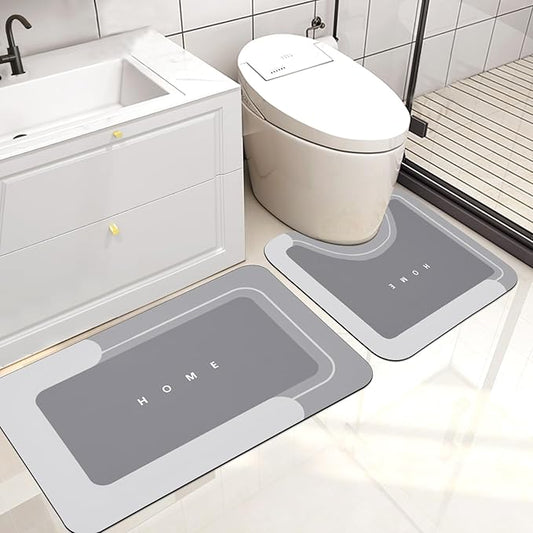 2PCS Absorbent Bath Mat Magic Rug Sets, Quick Drying Bath Mat Non-Slip Floor Rug Rubber Backed for Bathroom Kitchen Shower Sink, Water Absorbent (19.7''x23.6''+19.7''x31.9'', Light Gray)