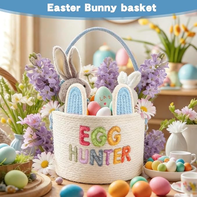 Easter Basket, Soft & Durable Easter Bunny Basket with 10 Pack Eggs, Woven Cotton Rope Egg Baskets