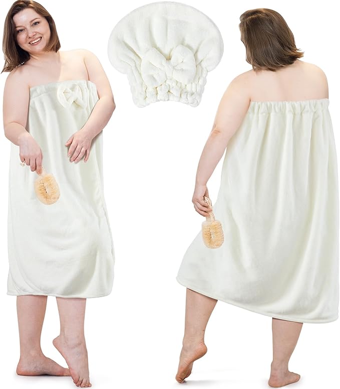 Xtinmee 2 Sets Womens Wrap Towel with Hair Towel Bath Towel Wrap Shower Dress Towel Spa Wraps for Women's Bathrobe (White, Plus Size)