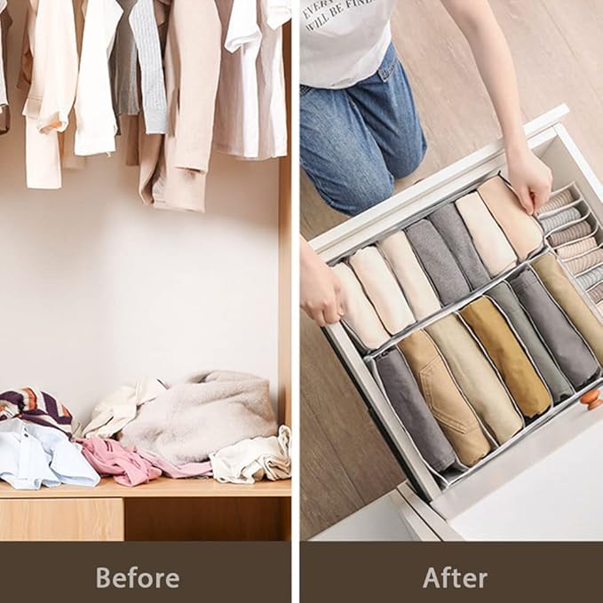 HSLFUAI Pack of 2 Wardrobe Clothes Organizer 7 grids Closet Organizers and Storage,Dresser Drawer Organizers for thin Pants,thin Jeans Organizer for Closet (Gray-7M-2PCS)