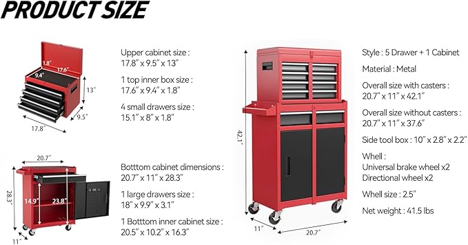 5-Drawer Rolling Tool Chest & Cabinet With Detachable Top Box - Heavy-Duty Metal Tool Cart With 4 Hooks, Lockable Drawers & 4 Wheels For Garage, Workshop, And Automotive Organization, (Red)