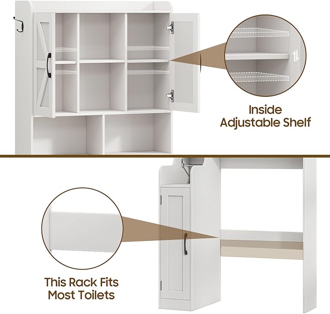 Over The Toilet Storage Cabinet, Bathroom Over Toilet Storage Organizer with Barn Doors & Paper Holder Stand, Farmhouse Space Saving Rack Cabinet with Adjustable Shelves for Bathroom, Laundry (White)