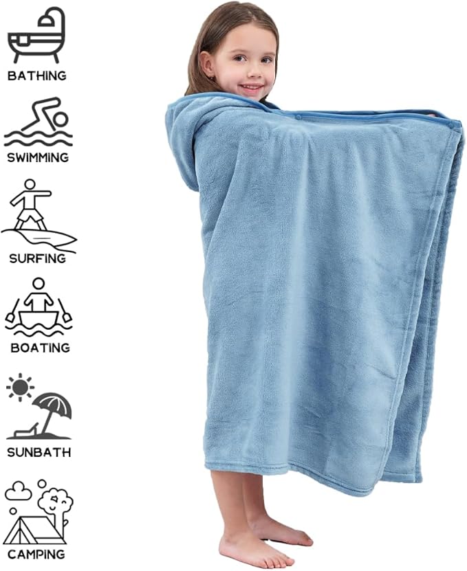 Hiturbo Kids Hooded Bath Towel: Soft Plush Pool Beach Fleece Towel Blanket - 50"x30" Toddler Towels Wrap for Boys Girls 3-12 Years (Blue)