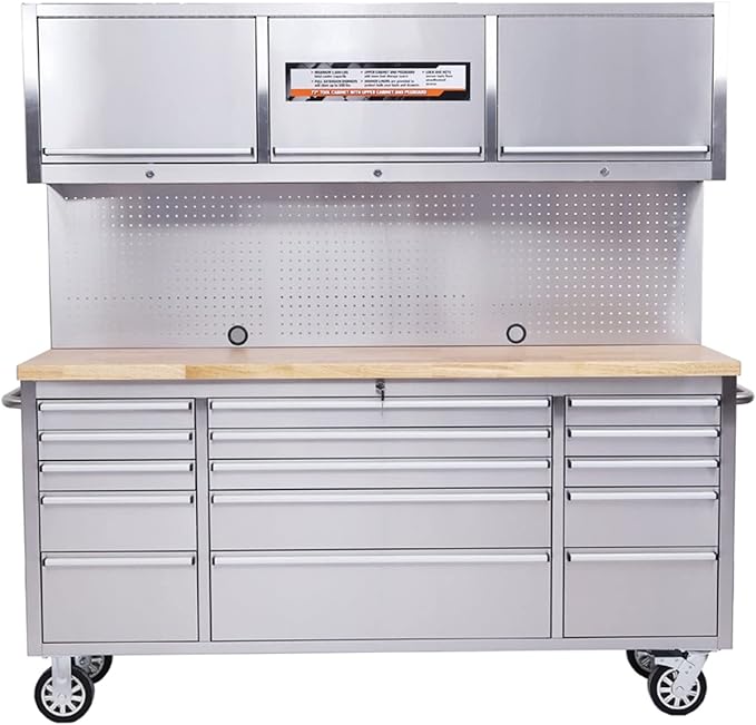 SINDA 72 Inch Rolling Tool Chest Tool Box Mobile Tool Workbench Garage Tool Storage Cabinet Large Rolling Lockable Tool Box with Wood Top, 15 Drawers + 3 Upper Cabinets