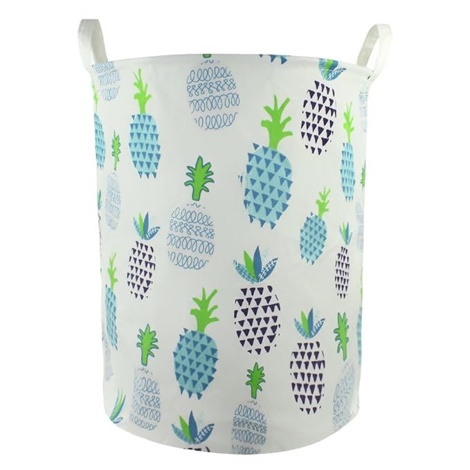 Orino 19 x 16.5 Inches Extra Large Canvas Fabric Folding Storage bin with Handle Waterproof Home Decor Laundry Hamper Organize Pineapple Storage Baskets for Dirty Clothes, Toy (Blue)