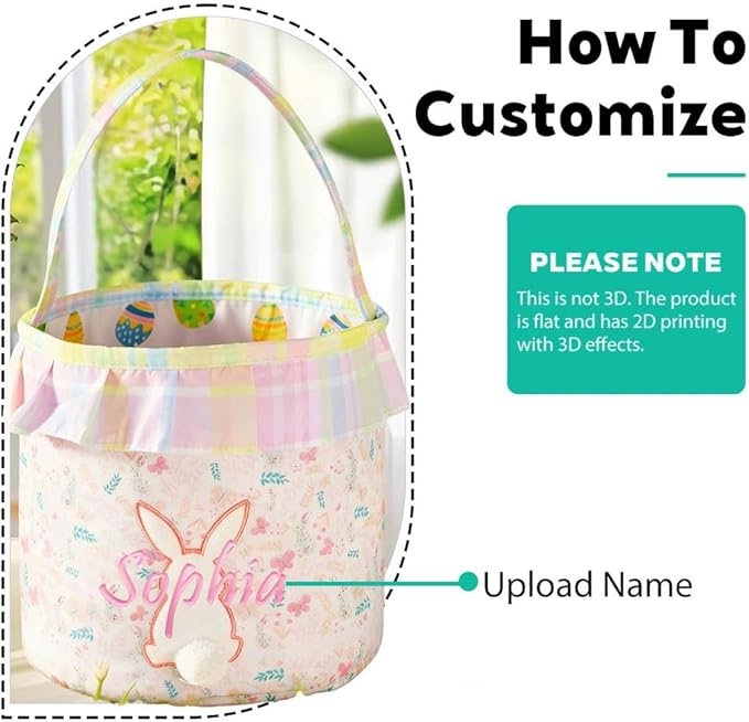 Personalized Easter Basket with Name for Kids Custom Embroidered Floral Bunny Egg Hunt Bag for Boys Girls Gingham Canvas Storage Bucket Cotton Rabbit Party Tote, Nursery Decor Storage Pouch