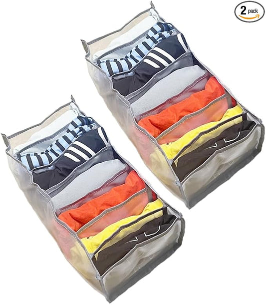 HSLFUAI Pack of 2 Wardrobe Clothes Organizer 7 grids Closet Organizers and Storage,Dresser Drawer Organizers for thin Pants,thin Jeans Organizer for Closet (Gray-7M-2PCS)