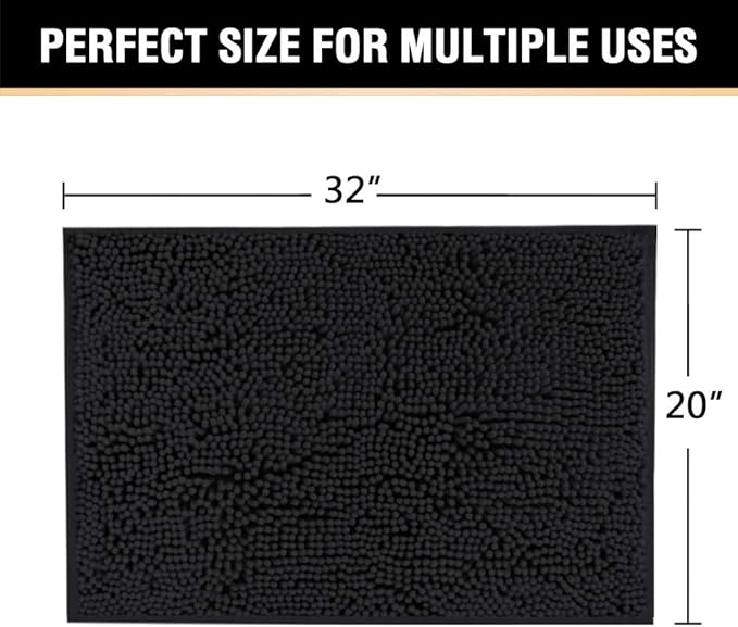 H.VERSAILTEX 20x32 Bath Mat Non-Slip Bathroom Rug Shag Shower Mat Machine-Washable Bath Mats with Water Absorbent Soft Microfibers Chenille Plush Rugs - Black