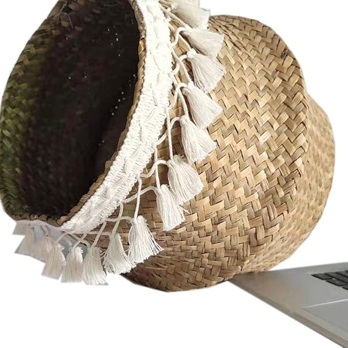 Algae Basket Basket Basket Woven Straw Folding Algae Belly Basket Plant Pot Nursery Cosmetic Bag Hand Made Basket for Storage, Laundry Medium XL