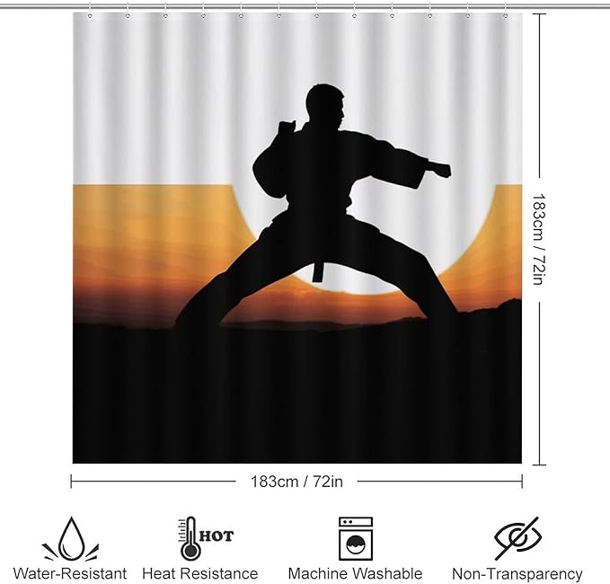 4 Piece Bathroom Rug Set with Shower Curtain, Non-Slip Bath Mat Toilet Cover Set, Karate Silhouette Bathroom Rug Sets