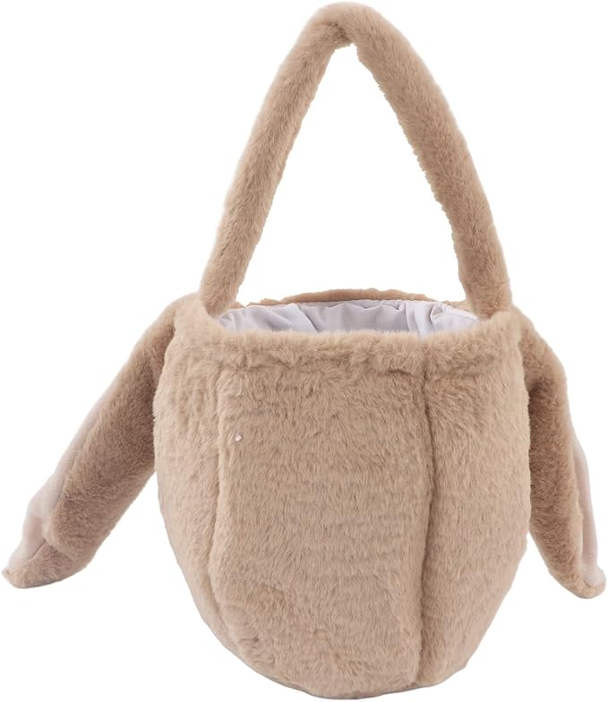 Spryflower Plush Easter Bunny Basket, Children Easter Basket, Cute Cartoon Long Ears Bunny Egg Basket, Soft Plush Easter Gift Bag for Kids, Perfect for Easter Egg Hunt and Family Gath (Coffee)