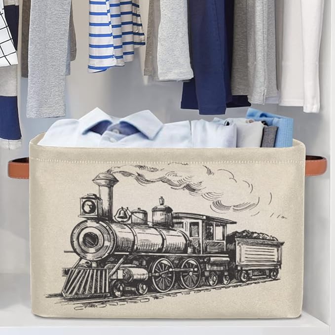 Large Storage Baskets for Organizing Shelves Vintage Steam Locomotive Train Foldable Cube Storage Bins with Handles Rectangle Fabric Closet Organizers for Home Toys Clothes, 2 Pack