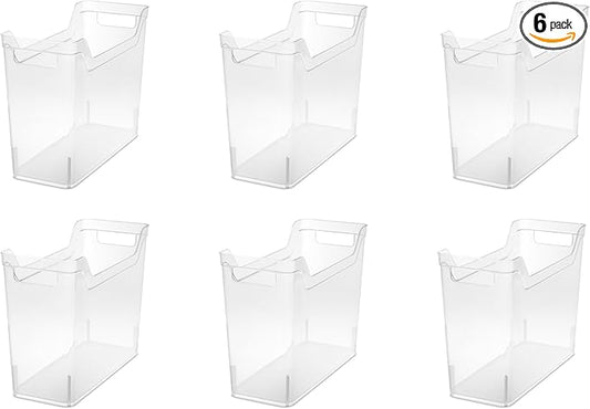 Sterilite Narrow Shelf Bin with Handles, Plastic Storage Container for Organizing Shelving, Closet, Pantry, and Countertops, Clear, 6-Pack