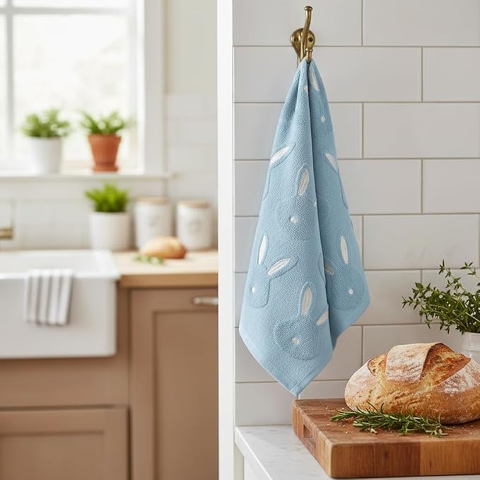 2pcs Easter Bunny Hand Towels Set 100% Cotton Soft Absorbent Spring Bathroom Hand Towels 14x29 Inch Cute Jacquard Easter Kitchen Decor Towels Holiday Kitchen Bathroom Decor Gift(Blue)