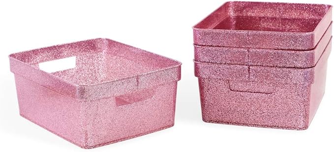Isaac Jacobs Small Glitter Storage Bin (10” x 7.5” x 4.25”) Set w/Cut-Out Handles, Plastic Organizer, Multi-Functional, Home Storage Solution, Kids Playroom, Bedroom, Closet (4, Pink)