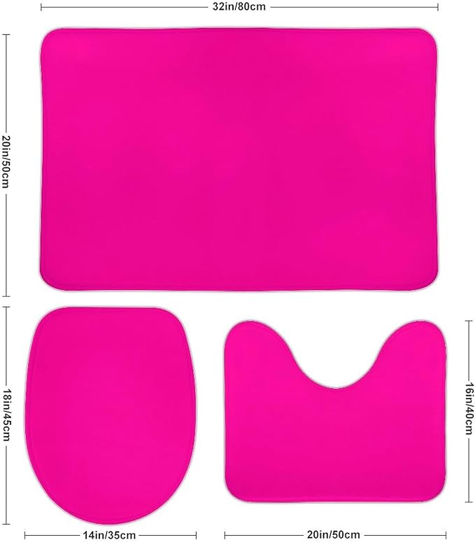 3 Pieces Bath Rug Sets, Neon Pink Modern Bathroom Mat Set Non Slip U Shaped Contour Rug & Toilet Lid Cover