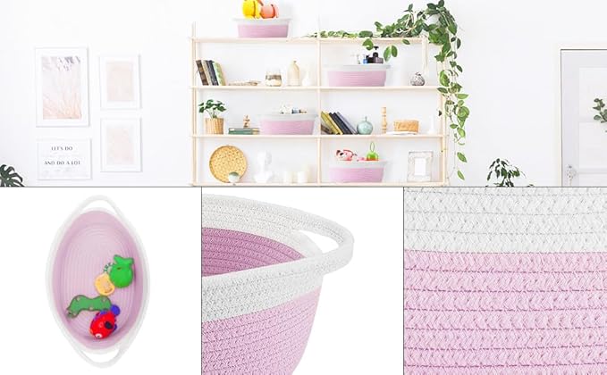 ABenkle Small Basket with Handles, Boho Decorative Rope Woven Dog Cat Toy Storage Bin Shelf Storage Organizer, Easter Christmas Gift Basket, 12"x8"x5", Pink