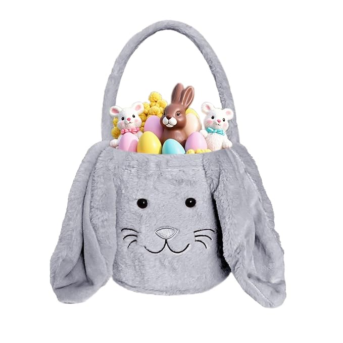 Easter Bunny Basket for Kids, Fluffy Easter Egg Hunt Bag Soft Fabric, Cute Rabbit Tote Bags with Long Plush Ear Easter Tote Bags for Candy Gifts Storage (Gray)
