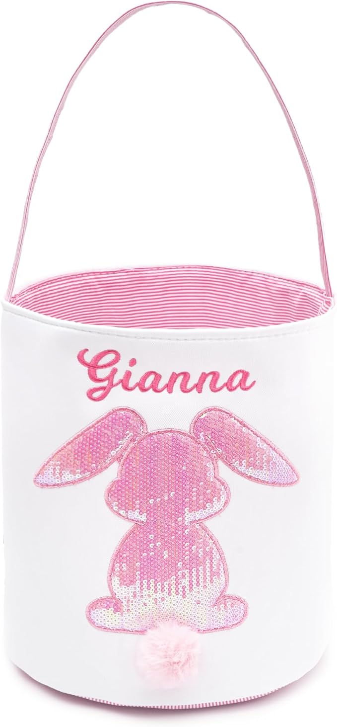 MT WORLD Toddler Easter Bunny Basket Personalized Easter Egg Hunt Bucket for Kids with Name Canvas Rabbit Bucket Tote for Baby Boys Girls Easter Party Decorations Candy Gifts Storage (Pink Glitter)