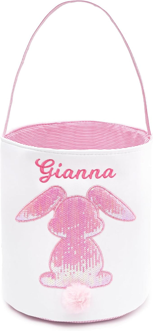 MT WORLD Toddler Easter Bunny Basket Personalized Easter Egg Hunt Bucket for Kids with Name Canvas Rabbit Bucket Tote for Baby Boys Girls Easter Party Decorations Candy Gifts Storage (Pink Glitter)