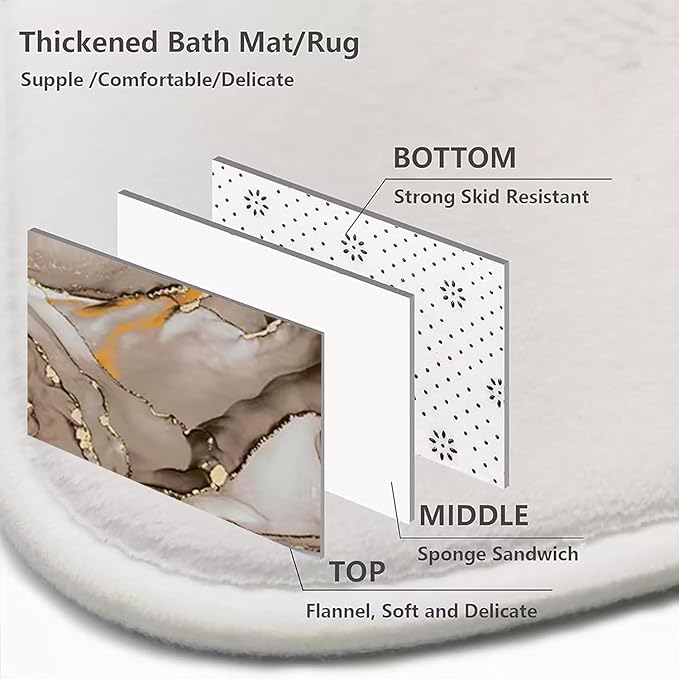 4Pcs Luxury Brwon Marble Pattern Shower Curtain Set with 12 Hooks Non-Slip Rugs,Toilet Lid Cover and Bath Mat, Stylish Bathroom Decor for Hotel & Home Bathroom