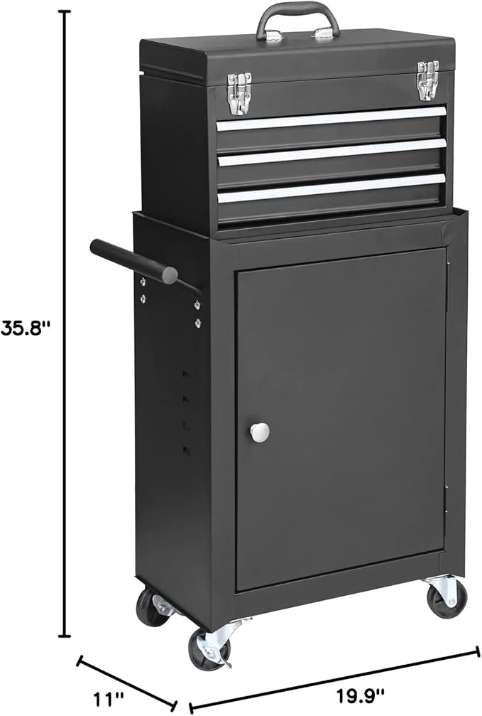 GSTANDARD APTB202B Torin Rolling Garage Tool Cabinet: Detachable 3 Drawer Tool Chest with Large Storage Cabinet and Adjustable Shelf, Black