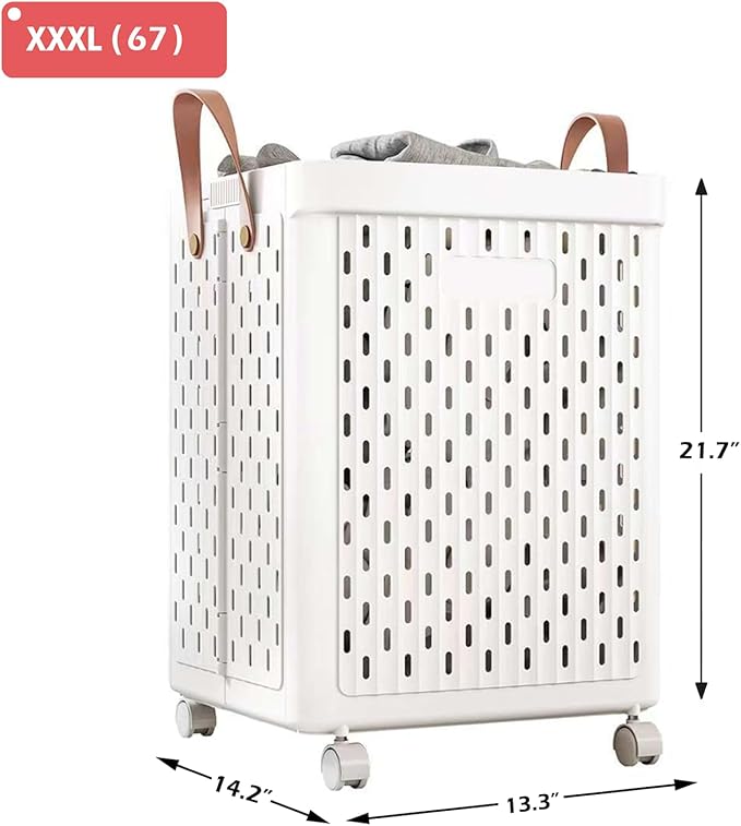 UAK Plastic Laundry Basket with Wheels & Handle, 67L Heavy Duty Foldable Laundry Hamper – Easy Clean Waterproof Rolling Organizer for Bathroom & Laundry Room, White