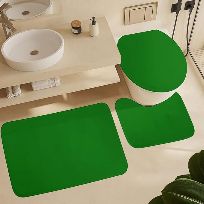 3 Pieces Bath Rug Sets, Solid Green Trend Color Bathroom Mat Set Non Slip U Shaped Contour Rug & Toilet Lid Cover