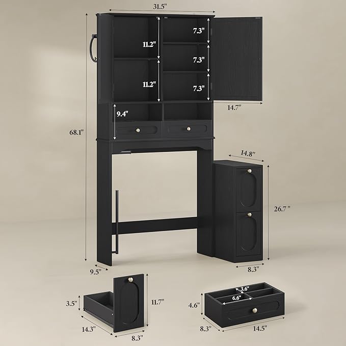 Over The Toilet Storage Cabinet with Free-Standing Cabinet & Towel Holder, Bathroom Storage Cabinet with 4 Section Drawers, Adjustable Shelves & Paper Holder for Bathroom, Laundry Room, Black