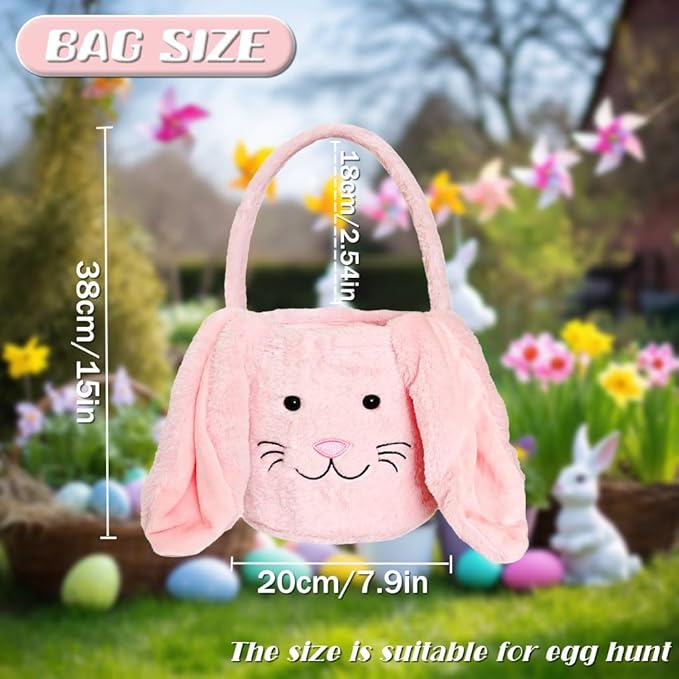 Easter Bunny Basket for Kids, Fluffy Easter Egg Hunt Bag Soft Fabric, Cute Rabbit Tote Bags with Long Plush Ear Easter Tote Bags for Candy Gifts Storage (Pink)