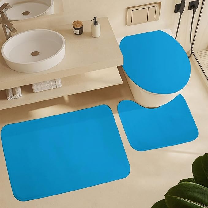 3 Pieces Bath Rug Sets, Sky Blue Trend Color Bathroom Mat Set Non Slip U Shaped Contour Rug & Toilet Lid Cover