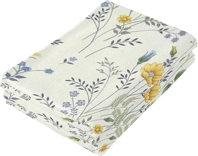 2 Pcs Vintage Blue Yellow Wildflower Hand Towels for Bathroom,Soft Absorbent Green Leaf Botanical Dish Towels for Kitchen,Farmhouse Decorative Bathroom Towels for Bath,Face,Shower 14"x28"