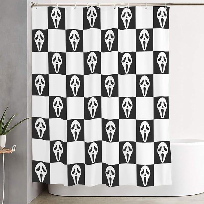Horror Face Bathroom Set, 4-Piece with Shower Curtain 71x71, Bath Mat, Contour Rug, Toilet Lid Cover, Black and White Checkerboard Pattern