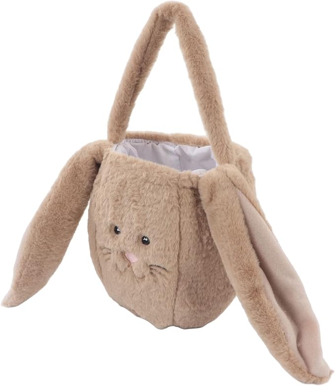 Spryflower Plush Easter Bunny Basket, Children Easter Basket, Cute Cartoon Long Ears Bunny Egg Basket, Soft Plush Easter Gift Bag for Kids, Perfect for Easter Egg Hunt and Family Gath (Coffee)