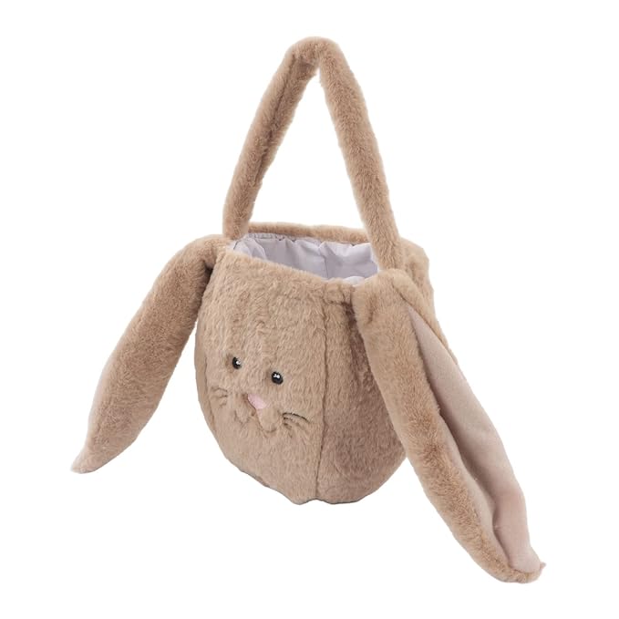Plush Easter Bunny Basket, Children Easter Basket, Cute Cartoon Bunny Bag with Long Ears, Soft Plush Easter Egg Collector for Kids Easter Party Gift (Coffee)