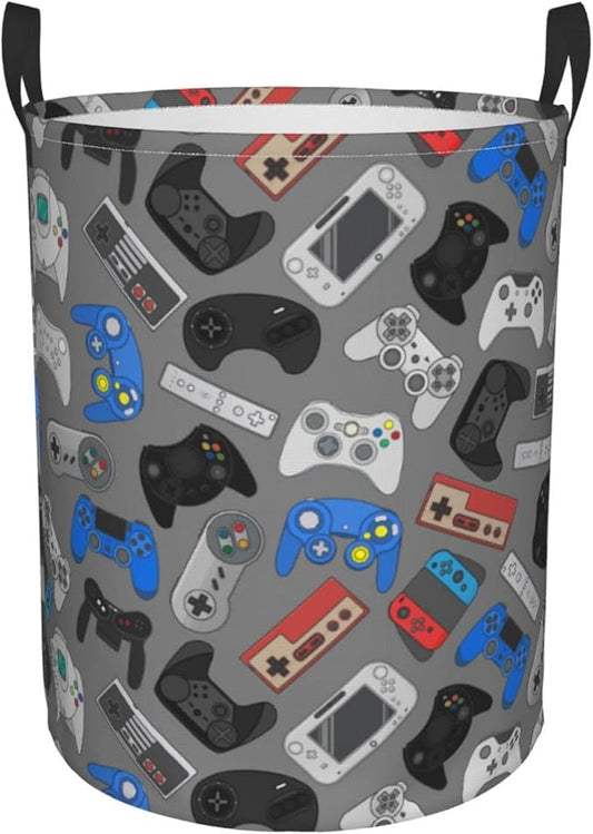 Video Game Controller Grey Background Round Laundry Hamper Gaming Theme Storage Basket Toys Clothes Organizer Bin For Home Bathroom Bedroom Dorm Nursery, 62l