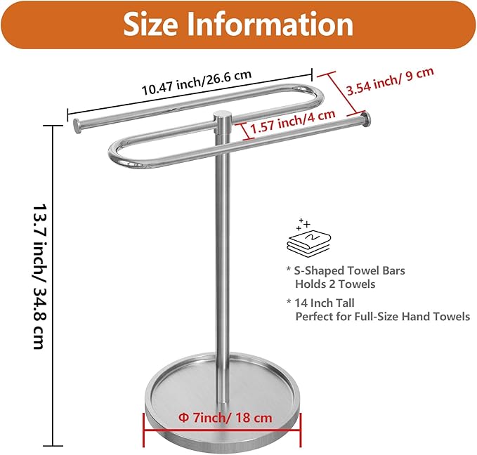 Hand Towel Holder, Stainless Steel Countertop Towel Stand for Bathroom, S-Shape Free Standing Towel Rack Bar Holds 2 Towels for Kitchen, Brushed Nickel