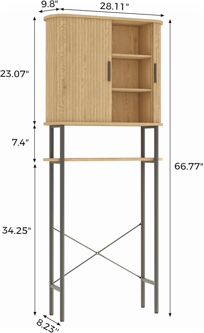 Over The Toilet Storage Cabinet with 2 Sliding Doors, Adjustable Shelf Bathroom Organizers and Storage with Anti-Tip Device, Waterproof, Space Saver for Bathroom, Restroom, Laundry, Natural