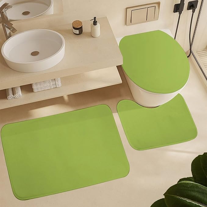3 Pieces Bath Rug Sets, Lime Green Trend Color Bathroom Mat Set Non Slip U Shaped Contour Rug & Toilet Lid Cover